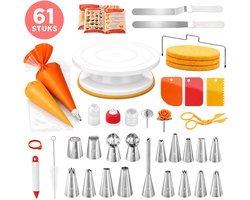 Taartdecoratie Set 61-delig - Draaiplateau 28 cm met Antislip Bodem - RVS Spuitmondjes, Spuitzakken, Spatels, Taartzaag, Schrapers en Accessoires - Complete Bakset voor Taarten, Cupcakes en Gebak - Oranje/Wit