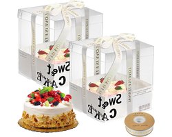 Taartdozen - Transparante taarttransportdozen van karton 32 x 32 x 25 cm met sokkel en lint - 2 stuks