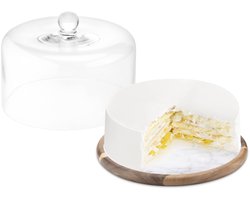 Taartplateau met stolp - Cake schaal - Gebak presenteren - Acaciahout en marmer - 28 cm diameter - Natuurlijk