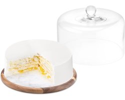 Taartplateau met stolp - Cake standaard - Bakcreaties bewaren - Acaciahout marmer glas - 28 cm diameter - Natuurlijk
