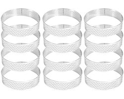 Taartring - 12 Stuks - Rond geperforeerd - Roestvrij staal - Mousse Tartelette Vormpjes - Taartring, Geschikt voor het bakken van cakes, taarten, gebakringen, mousse en pizzavormen - 6×2cm - Zilver