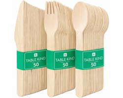Table Kind Houten Bestek Set 150 Stuks – Messen, Vorken & Lepels – Wegwerp Bestek voor Feest, BBQ, Camping & Catering – Gemaakt in EU Optional English line underneath: