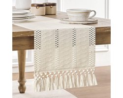 Table Runner Slub Linen Fabric 30x180 Cm Beige Crochet Table Runner with Tassels, Linen Table Runner Interior Decoration in Retro Natural Style for Kitchen Dinner Holiday Party Coffee Table Decoration