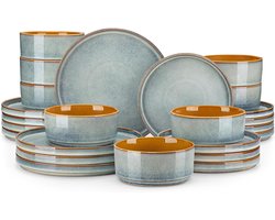 Tableware Set for 8 People, 24-Piece High-Quality Stoneware Service with Reactive Glaze, Dinner Service with Flat Plates, Salad Plates and Bowls, Modern Design in Blue and Earth Tones