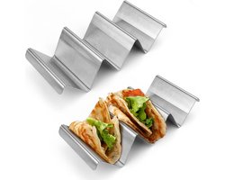 Taco houder, set van 2 taco shells, met anti-verbrandingsgreep, roestvrij stalen rek, golfvormig, kan worden gebruikt voor sandwiches, hotdogs, taco's