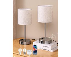 Tactiele Bedlampen - Set van 2 met USB-poorten & Stopcontact - Inclusief LED-lamp - 3 Verstelbare Helderheden - Beige Linnen Lampenkap