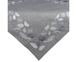 Tafekleed - Linnenlook - Grijs met verschillende in grijs en zilver geborduurde blaadjes - 85 x 85 cm