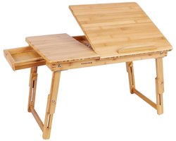 Tafel 54,5 x 34,5 x (21 - 29) cm naturel Opvouwbare tafel Laptoptafel Bedtafel Met lade en 5 verstelbare hoekbladen Stevig en duurzaam bamboeraamwerk