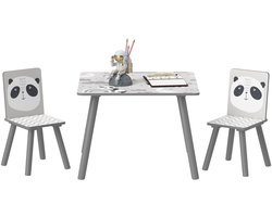 Tafel en 2 stoelen set, 3-delige kindermeubelset voor kinderen vanaf 3 jaar met grijze en witte panda en rand.