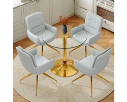 Tafel En Stoelen Set - Ronde Glazen Eettafel Met 4 Draaistoelen - Comfortabel Zitcomfort - Voor Eetkamer Of Café - Metaal Goud Lichtgrijs Transparant
