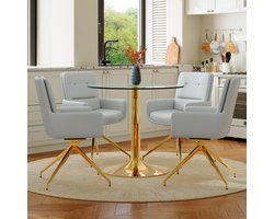 Tafel- en stoelencollectie: Ronde, ietwat luxueuze glazen tafel met een diameter van 85 cm en een metalen onderstel, gecombineerd met 4 lichtgrijze, 360° draaibare PU-eetkamerstoelen.