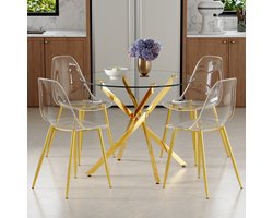 Tafel- en stoelenset. Luxe eettafel van 88 cm met blad van gehard glas + 4 transparante kunststof eetkamerstoelen. Moderne, eenvoudige set van 1 tafel en 4 stoelen, ideaal voor kleinere eetruimtes.