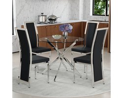 Tafel- en stoelenset. Luxe eettafel van 88 cm van gehard glas + 4 minimalistische eetstoelen van PU-leer met zilverkleurige accenten en zilverkleurige metalen frames. Moderne, eenvoudige set bestaande uit 1 tafel en 4 stoelen.