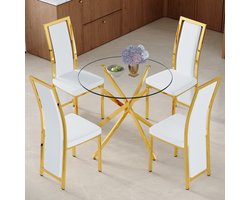 Tafel- en stoelenset. Luxe eettafel van 88 cm van gehard glas met een goudkleurig kruisvormig metalen frame, gecombineerd met 4 minimalistische witte PU-eetkamerstoelen met gouden accenten.