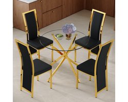 Tafel- en stoelenset. Luxe eettafel van 88 cm van gehard glas met een goudkleurig kruisvormig metalen frame, gecombineerd met 4 minimalistische zwarte PU-eetkamerstoelen met gouden accenten.