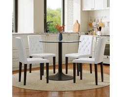 Tafel- en stoelenset. Moderne, minimalistische glazen tafelset met een diameter van 85 cm, bestaande uit 1 tafel en 4 stoelen – PU-eetkamerstoelen met gecapitonneerde rugleuningen. Een subtiel luxe keuze voor de eetkamer.