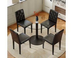 Tafel- en stoelenset. Moderne, minimalistische glazen tafelset met een diameter van 85 cm, bestaande uit 1 tafel en 4 stoelen – PU-eetkamerstoelen met gecapitonneerde rugleuningen. Een subtiel luxe keuze voor de eetkamer.