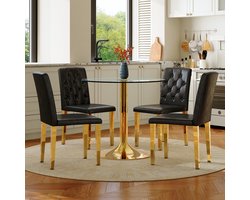 Tafel- en stoelenset: moderne, minimalistische ronde glazen tafel met een diameter van 85 cm en een gouden metalen onderstel, en 4 bijpassende moderne eetkamerstoelen in zwart en goud.