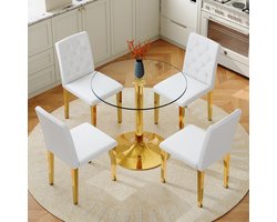 Tafel- en stoelenset: moderne, minimalistische ronde glazen tafel met een diameter van 85 cm en een gouden metalen onderstel, en 4 bijpassende moderne eetkamerstoelen in wit en goud.