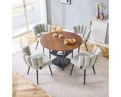 Tafel- en stoelenset. Ronde eettafel van 107 cm in walnootkleur met dubbel opbergvak + 4 crèmekleurige stoffen eetkamerstoelen met bloemvormige rugleuningen van bouclé-stof.