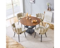 Tafel- en stoelenset. Ronde eettafel van 107 cm in walnootkleur met dubbel opbergvak + 4 lichtbruine stoffen eetkamerstoelen met bloemvormige rugleuningen – ideaal voor kleine appartementen.