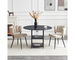 Tafel- en stoelenset: Ronde eettafel van 107 cm met dubbel opbergvak + 2 lichtbruine eetkamerstoelen met bloemvormige stoffen rugleuning – industriële stijl set voor kleine appartementen.