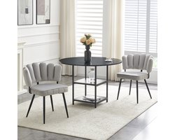 Tafel- en stoelenset: Ronde eettafel van 107 cm met dubbel opbergvak + 2 lichtgrijze eetkamerstoelen met bloemvormige stoffen rugleuning – industriële stijl set voor kleine appartementen.