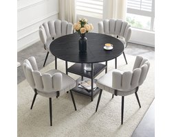 Tafel- en stoelenset: Ronde eettafel van 107 cm met dubbel opbergvak + 4 lichtgrijze eetkamerstoelen met bloemvormige stoffen rugleuning – industriële stijl set voor kleine appartementen.