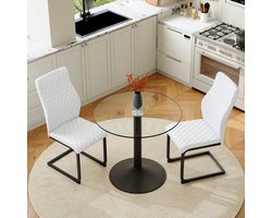 Tafel- en stoelenset. Ronde glazen tafel met een diameter van 85 cm + 2 witte eetkamerstoelen met hoge rugleuningen en ruitvormig stiksel van PU – de elegante keuze voor kleine eethoeken en bartafels.