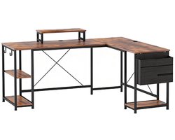 Tafel, Met Opbergvakken en Monitorstandaard, Geschikt voor Kantoor, Thuiswerken en Studeren, 168×120×90 cm (L-vormig), 240×48×90 cm (Lang), Bruin, Metaal en Hout