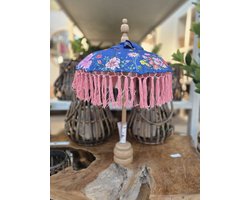 Tafel parasol in blauw met bloemen en roze franje 50 x 90 cm