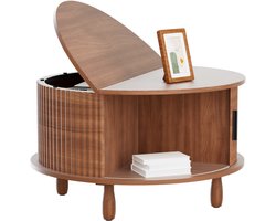 Tafel - Ronde salontafel - Houten tafel - Klaptafel - Massief houten poten - Golvende ronde salontafel - Met opbergruimte - Bruine tafel 78 cm x 46 cm