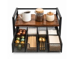 Tafelblad Opbergrek - 2-laags Bureau Organizer - Houten en Metalen Opbergkastje voor Koffie, Thee en Kleine Spullen - Multifunctioneel Opbergrek voor Keuken, Bureau en Woonkamer - Vintage Houtlook