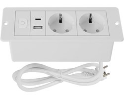 Tafelblad Stopcontact met 2 USB-poorten, Intrekbare Inbouwstekkerdoos, 3-voudig, 1,8m Kabel, Geschikt voor Kantoren, Slaapkamers, Klaslokalen - Wit