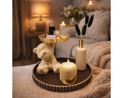 Tafeldecoratie Set met Teddybeer Beeld – Tray met Design Vaas, Waxinelichthouder en Decoratieschaal – Luxe Woondecoratie voor Salontafel of Dressoir