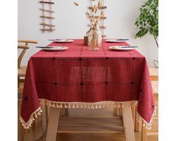 Tafeldoek Katoenen Linnen Tafelkleed Geborduurde Kwastdecoratie Stofdichte Wasbare Keukentafelhoes Voor Eettafel Rood（Ronde, 140 x 140 cm, 4 zetels）