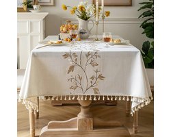 Tafelkleden Rechthoekig Wasbaar Katoen/Linnen Tafelkleed Anti-Rimpel Kwast Design Stof Tafelbedekking voor keuken, Eetkamer, Buiten Tuin Tafel(Beige, 139.7 x 180.3 cm)