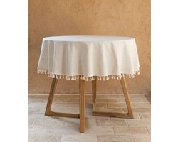 Tafelkleed 150 x 150 – Rond – Linnen Blend – 2 tot 4 personen – Met Franjes – Beige