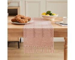 Tafelkleed - 30x275cm - Tafelloper - Beige Bohemian Tafelloper - Luxe Tafelkleed - Tafelkleden - Tafellinnen Diner - Handgeweven - Herfstontwerp - Landelijke Woondecoratie - Geschikt voor eettafels en kasten - Roze