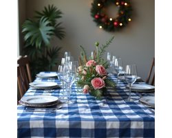 Tafelkleed – Blauw-Wit Geruit - 140 x 400 – 4x4 cm Geweven Ruit – Oktoberfest Stijl – Strijkvrij – Met Blauw Biesband – Voor Binnen & Buiten