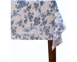 Tafelkleed Bloemen - 350 x 135 cm Katoen Tafellaken Bloemenprint Linnen Look Tafellinnen - Beige Blauw