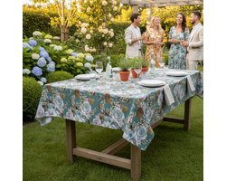 Tafelkleed Caleta – 140 x 200 - 100% Katoen – Petrolgroen met Bloemen en Kolibries – 2 cm Zoom – Bamar Lifestyle