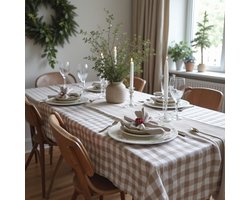 Tafelkleed Céline– Beige-Crème Geruit – 140x240 cm – 100% Katoen – Strak & Soepel Vallend – Voor Binnen & Buiten