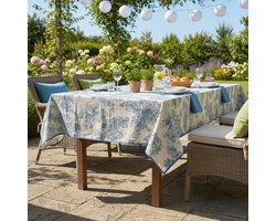 Tafelkleed Chateau Bleu 140 x 250 cm – 100% Katoen Tafelkleed met Frans Tafereel – Afgewerkt met blauw biesband