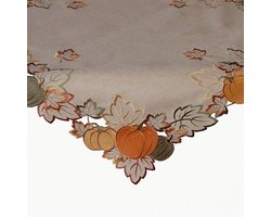 Tafelkleed - Herfst - Pompoenen - Ecru - Bruin - oranje - groen - bladeren - gouddraad - Vierkant 110 cm