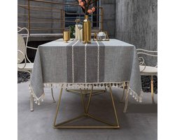 Tafelkleed Katoen Linnen Modern Streep Kwastje, Stof Tafelkleed Waterdichte Keuken Decoraties Wasbaar Keukentafel Cover Voor Eettafel (Grijze strepen,Rechthoekig/Ovaal, 10-12 zitplaatsen)