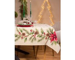 Tafelkleed - Kerst - Gobelinstof - Mary - Dennenappel - Kerstroos - 140 x 260 cm