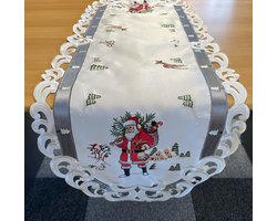 Tafelkleed - Kerst - Wit met grijze rand en kerstman - Loper 110 cm