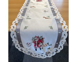 Tafelkleed - Kerst - Wit met grijze rand en kerstman - Loper 130 cm