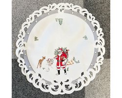 Tafelkleed - Kerst - Wit met grijze rand en kerstman - Rond 60 cm